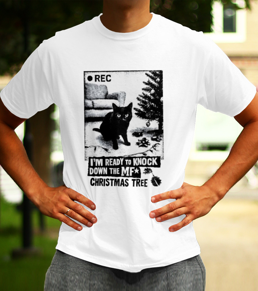 REC Black Cat Ready To Knock Down The MF Christmas Tree T-Shirt