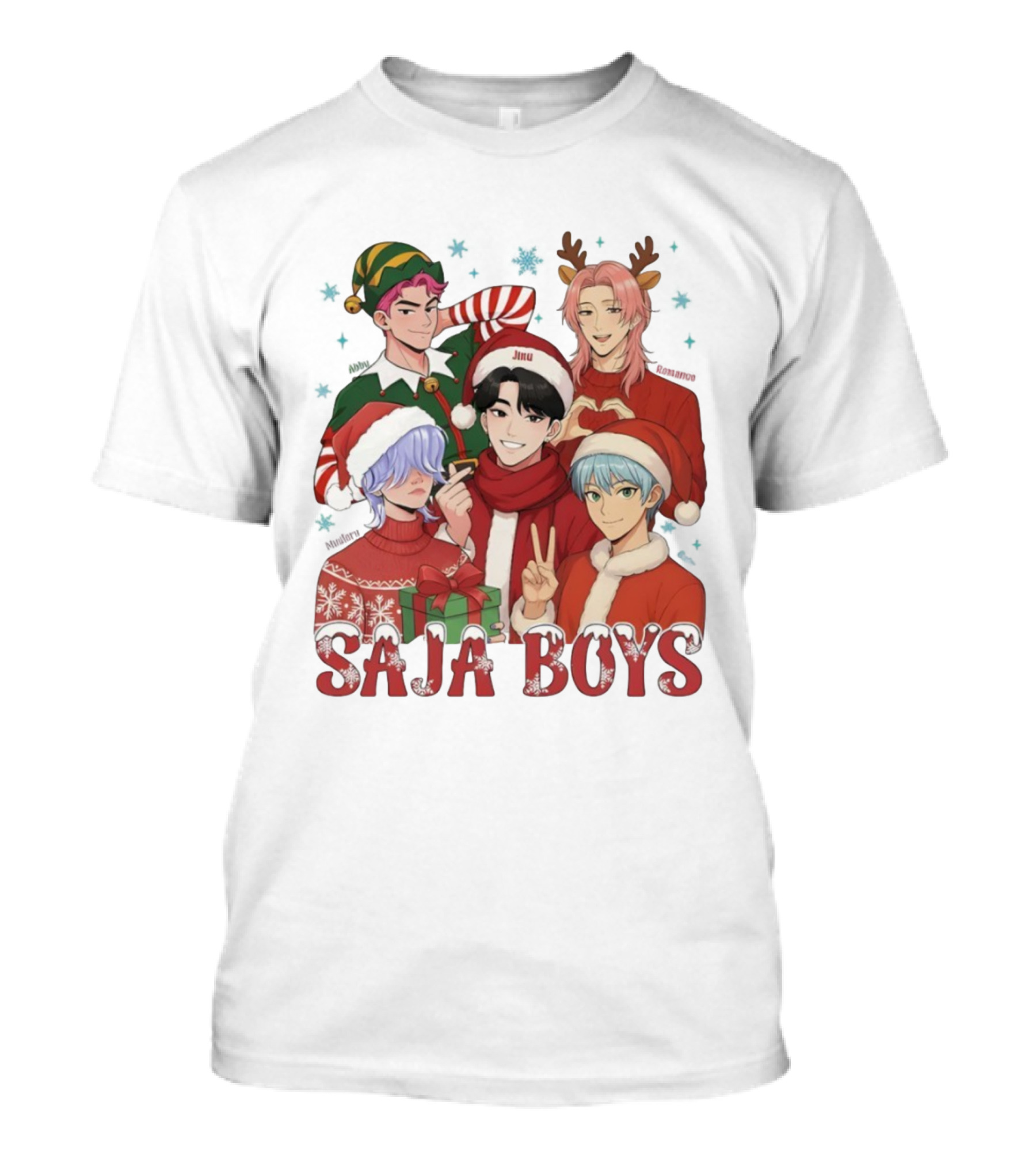 Saja Boys Kpop Christmas 2025 Festive Characters In Santa Hats And Elf Outfits T-Shirt
