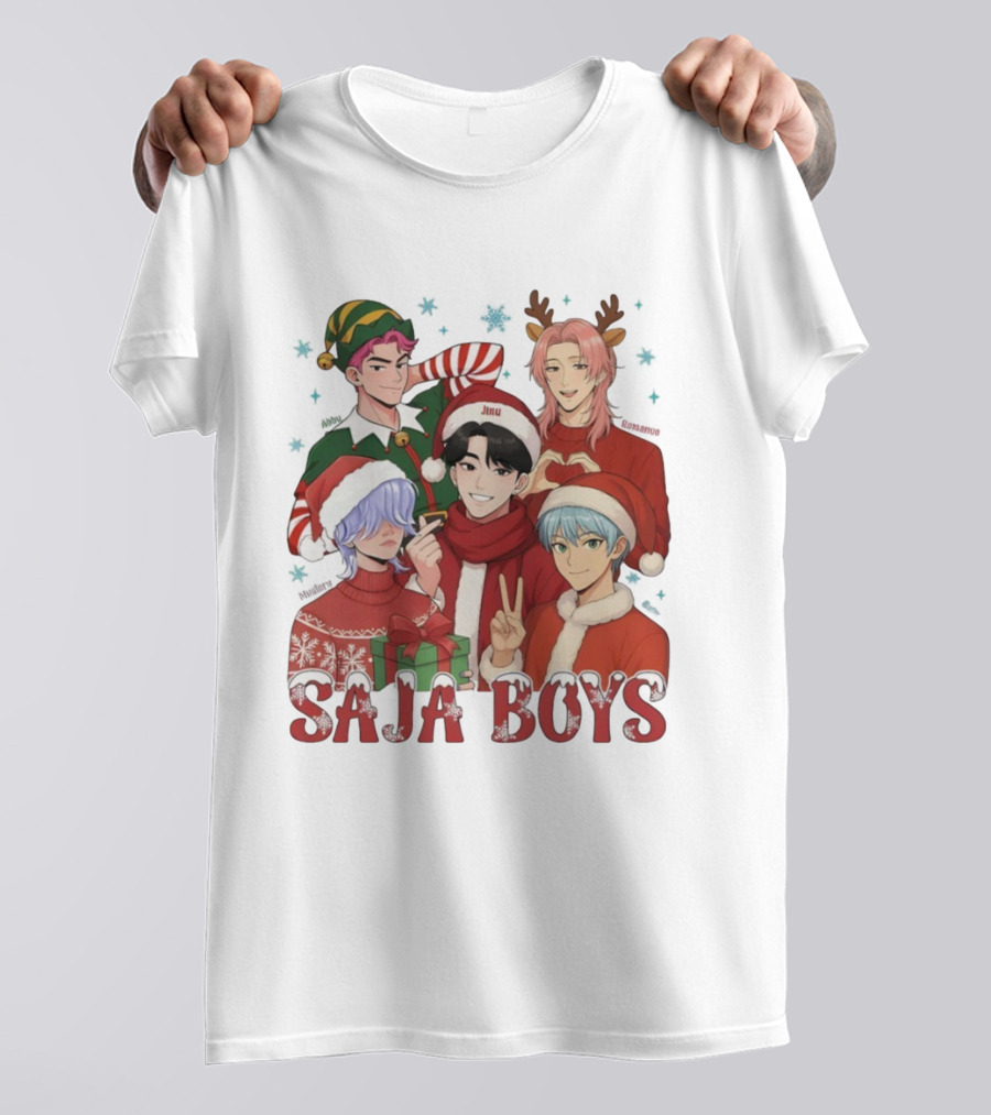 Saja Boys Kpop Christmas 2025 Festive Characters In Santa Hats And Elf Outfits T-Shirt