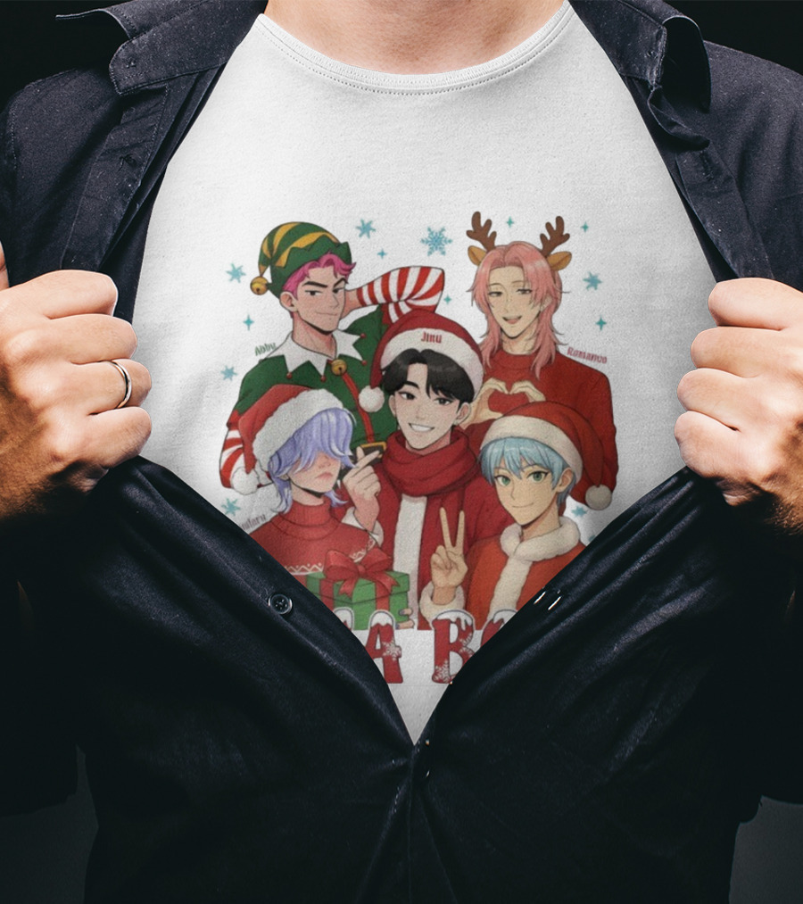 Saja Boys Kpop Christmas 2025 Festive Characters In Santa Hats And Elf Outfits T-Shirt