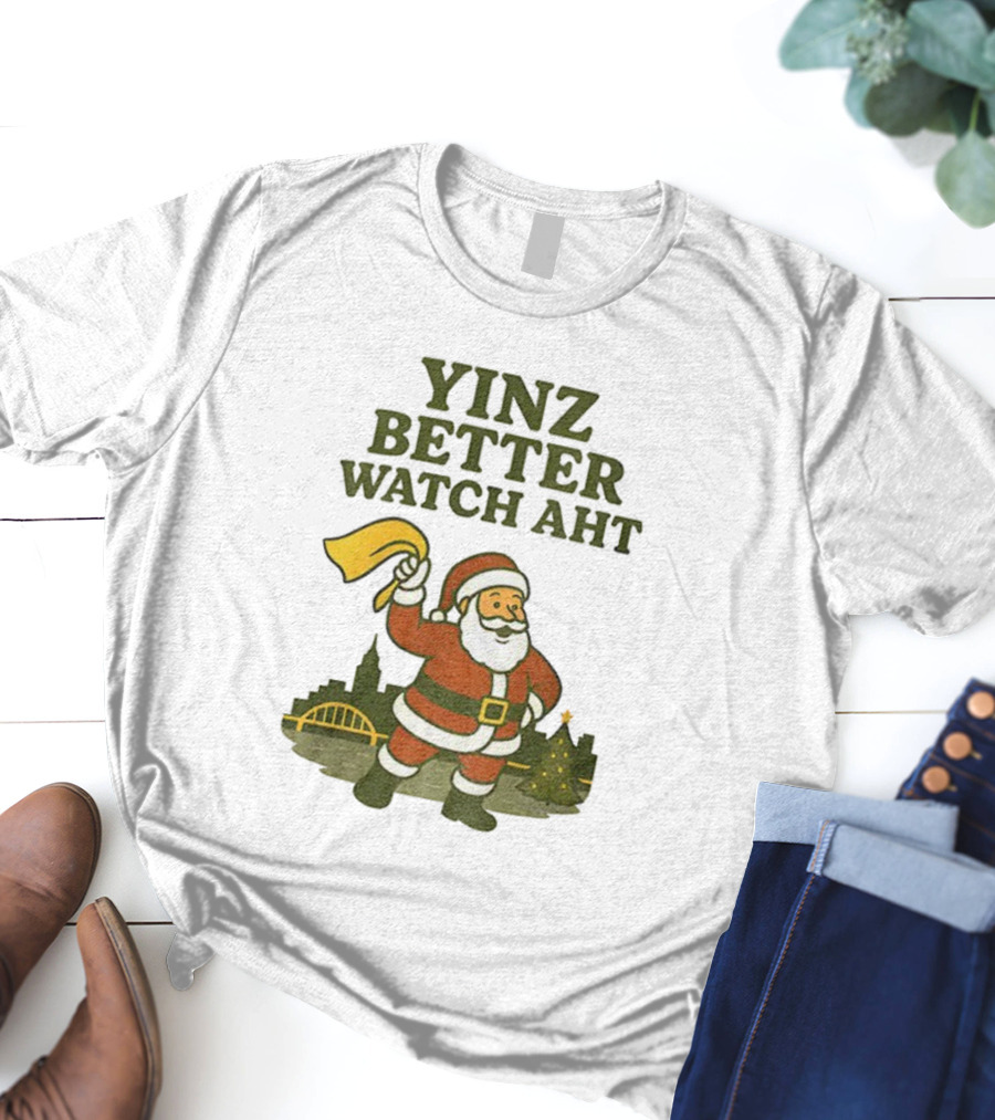 Yinz Better Aht Christmas Santa Pittsburgh Bridge Skyline T-Shirt