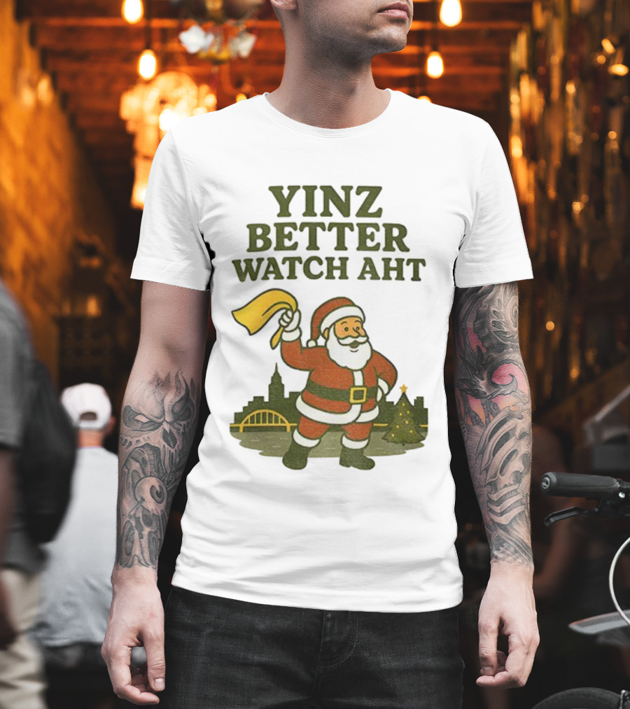 Yinz Better Aht Christmas Santa Pittsburgh Bridge Skyline T-Shirt