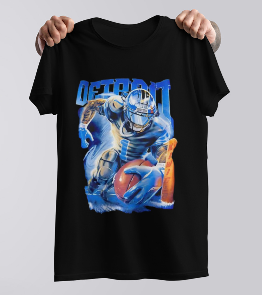 Detroit Football Player Blue Burst Action Art T-Shirt