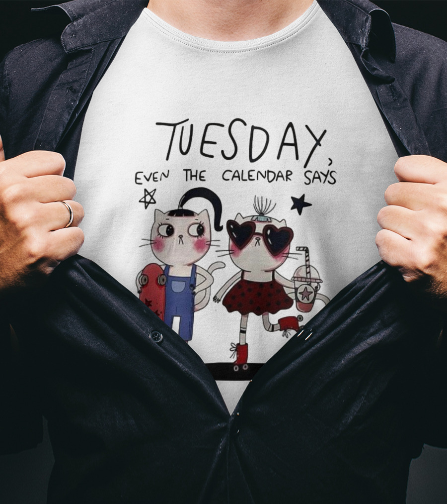Tuesday Even The Calendar Says Cute Cat Cartoon Skaters And Stars T-Shirt