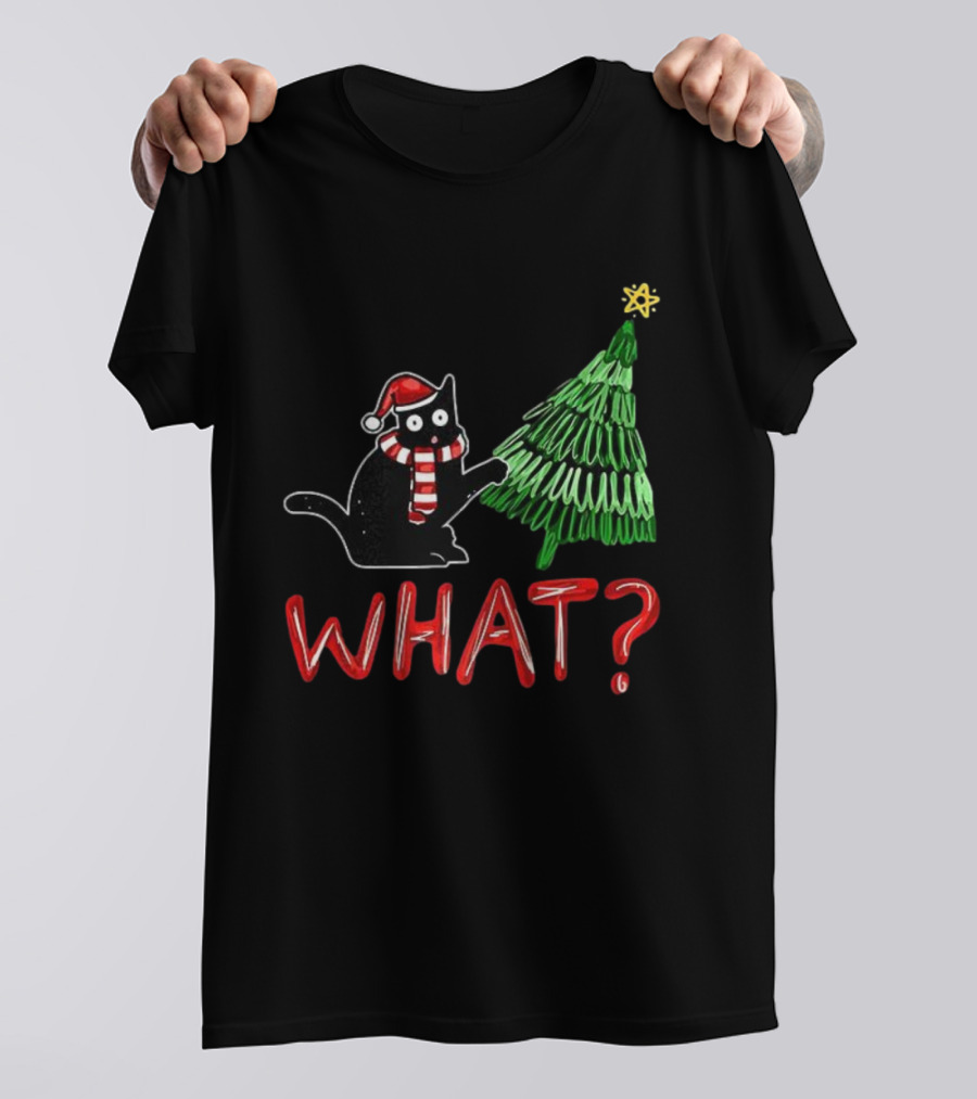 Black Cat What Christmas Tree Santa Hat Scarf T-Shirt
