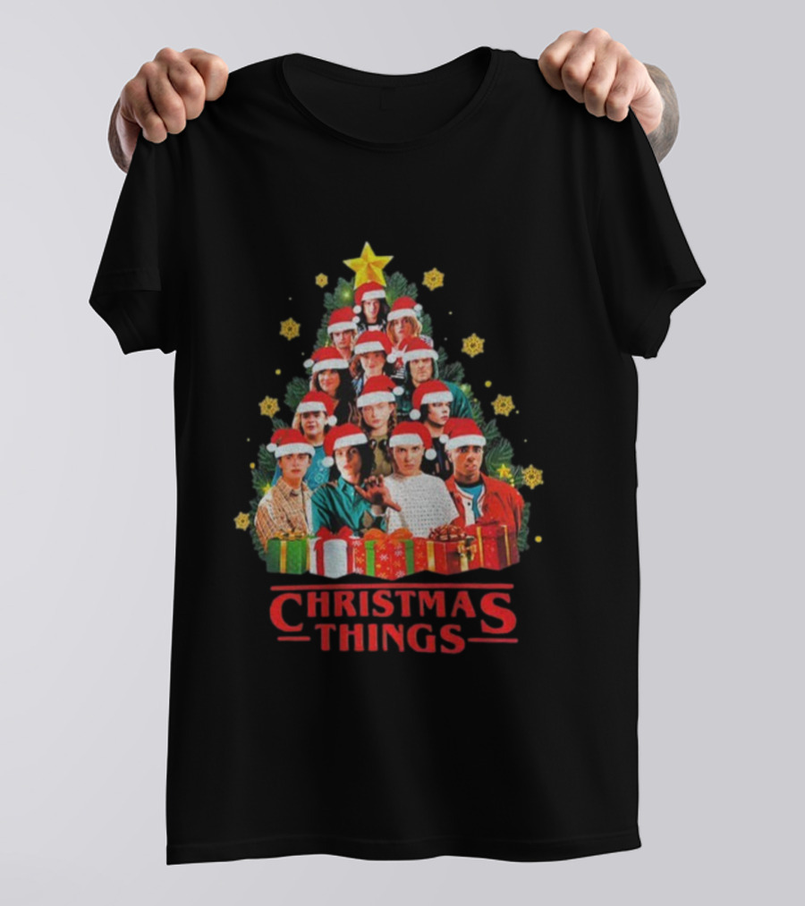 Stranger Things Christmas Tree Holiday Cast Santa Hats Gifts T-Shirt