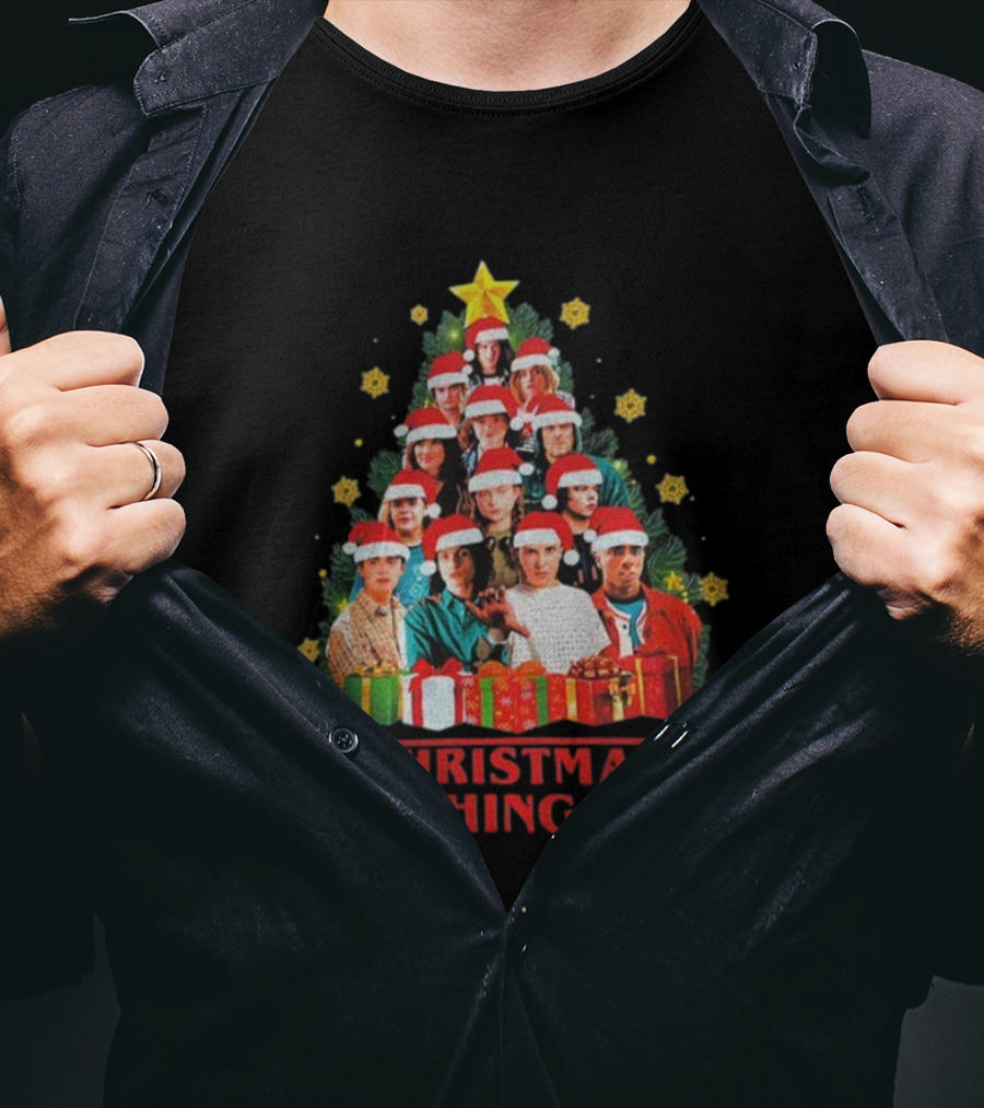 Stranger Things Christmas Tree Holiday Cast Santa Hats Gifts T-Shirt
