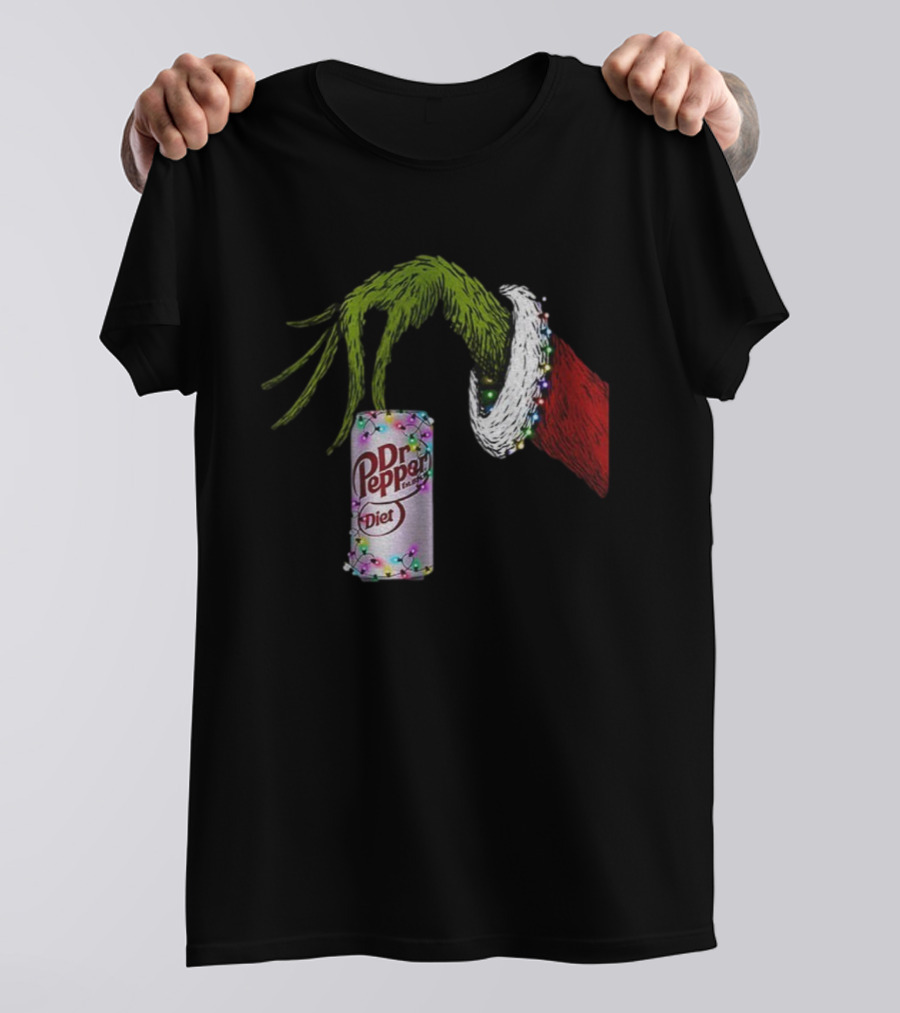 Grinch Hand Holding Dr Pepper Diet Can Christmas Lights Merry Christmas T-Shirt