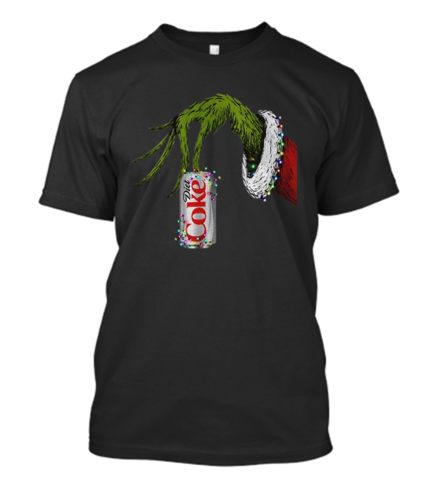 Grinch Hand Holding Diet Coke Can Wrapped In Christmas Lights Merry Christmas T-Shirt