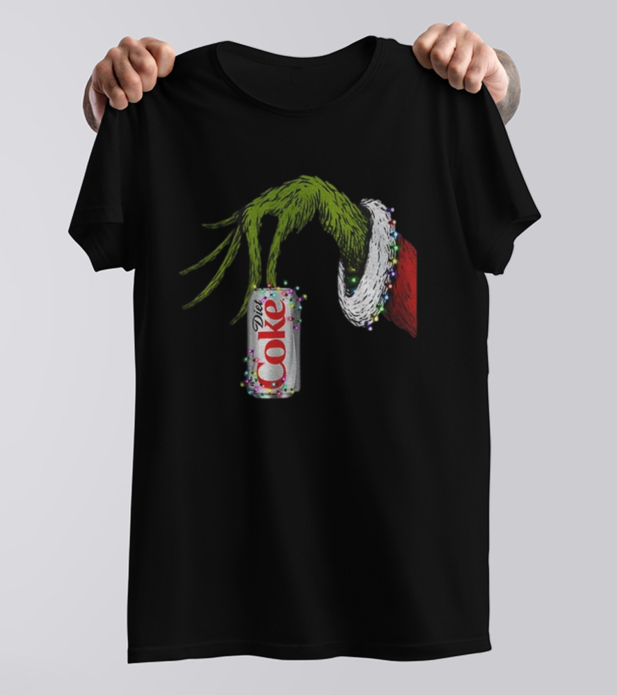 Grinch Hand Holding Diet Coke Can Wrapped In Christmas Lights Merry Christmas T-Shirt