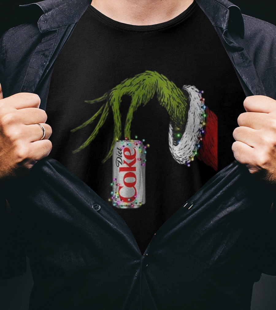 Grinch Hand Holding Diet Coke Can Wrapped In Christmas Lights Merry Christmas T-Shirt