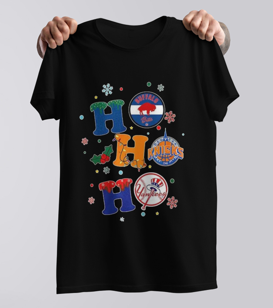 Buffalo Bills New York Knicks Yankees Christmas Ho Ho Ho Snowflakes T-Shirt