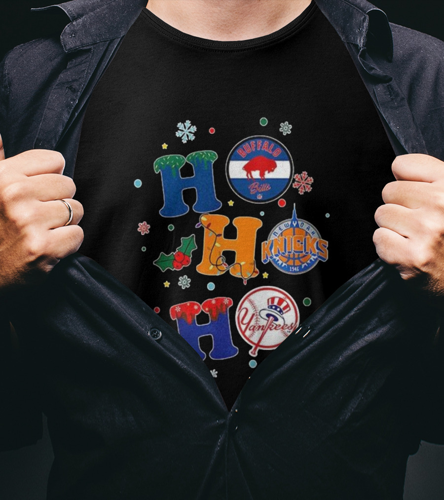 Buffalo Bills New York Knicks Yankees Christmas Ho Ho Ho Snowflakes T-Shirt
