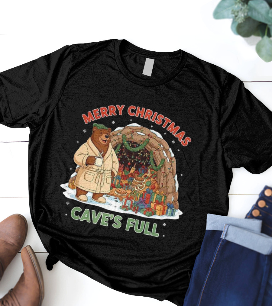 Merry Christmas Bear In Cozy Cave Filled With Gifts T-Shirt