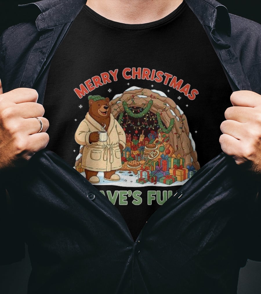 Merry Christmas Bear In Cozy Cave Filled With Gifts T-Shirt
