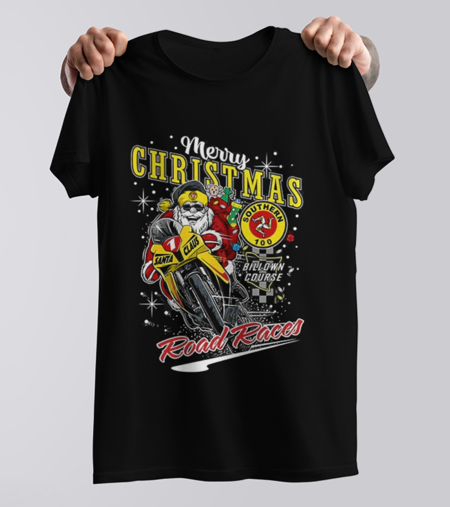 Merry Christmas Santa Claus Motorcycle Road Races Holiday T-Shirt