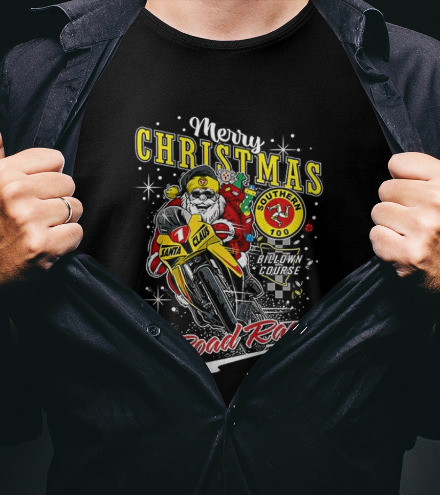 Merry Christmas Santa Claus Motorcycle Road Races Holiday T-Shirt
