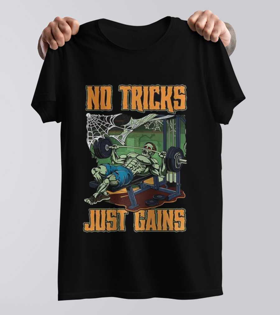 No Tricks Just Gains Halloween Zombie Bench Press Gym Fitness T-Shirt