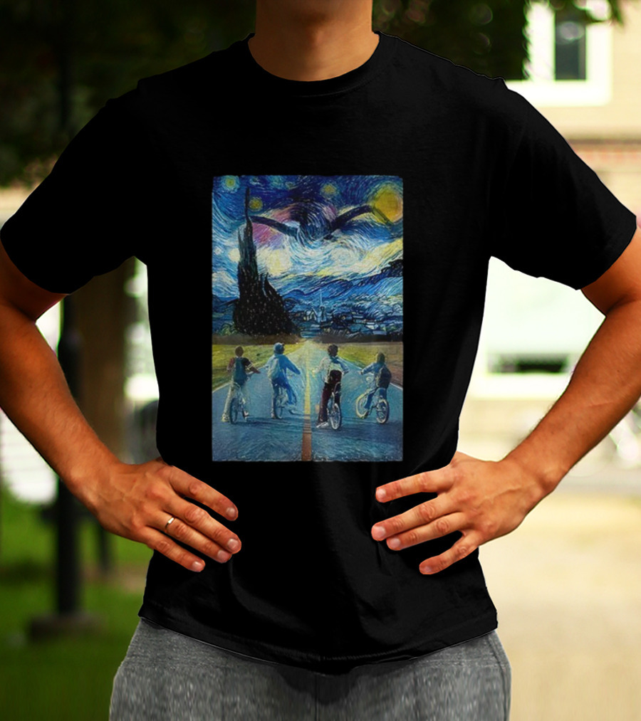 Starry Night Stranger Things Kids On Bikes Van Gogh Style T-Shirt