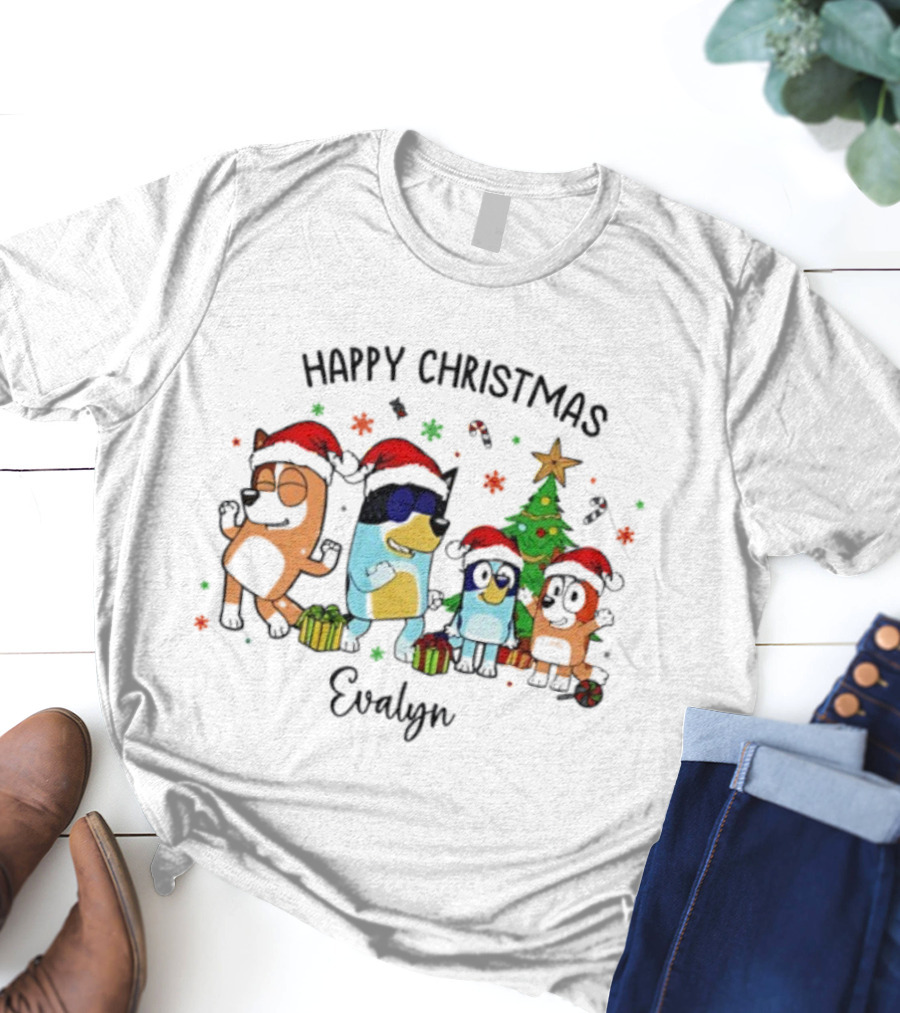Happy Christmas Blue Dog Personalized Evelyn T-Shirt