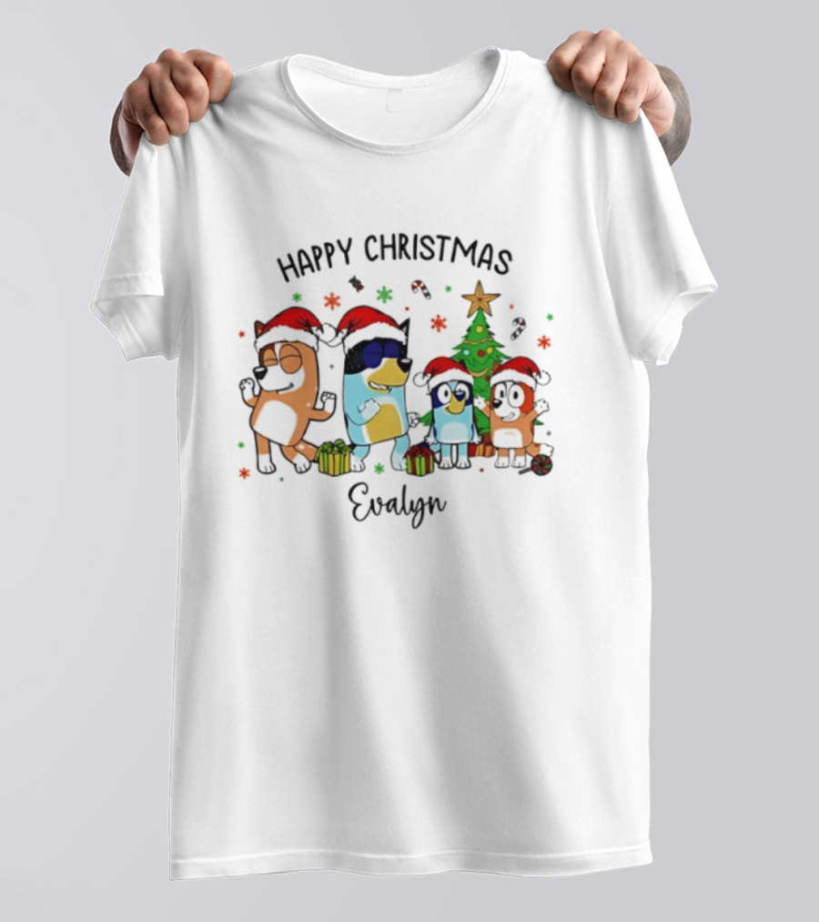 Happy Christmas Blue Dog Personalized Evelyn T-Shirt