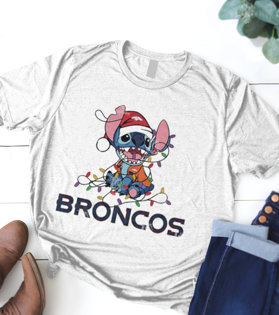 Denver Broncos Stitch Christmas Lights T-Shirt