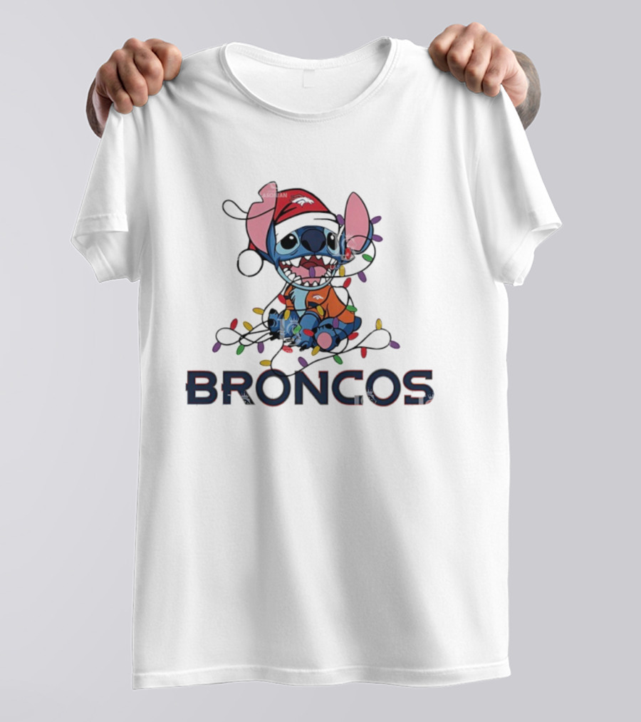 Denver Broncos Stitch Christmas Lights T-Shirt