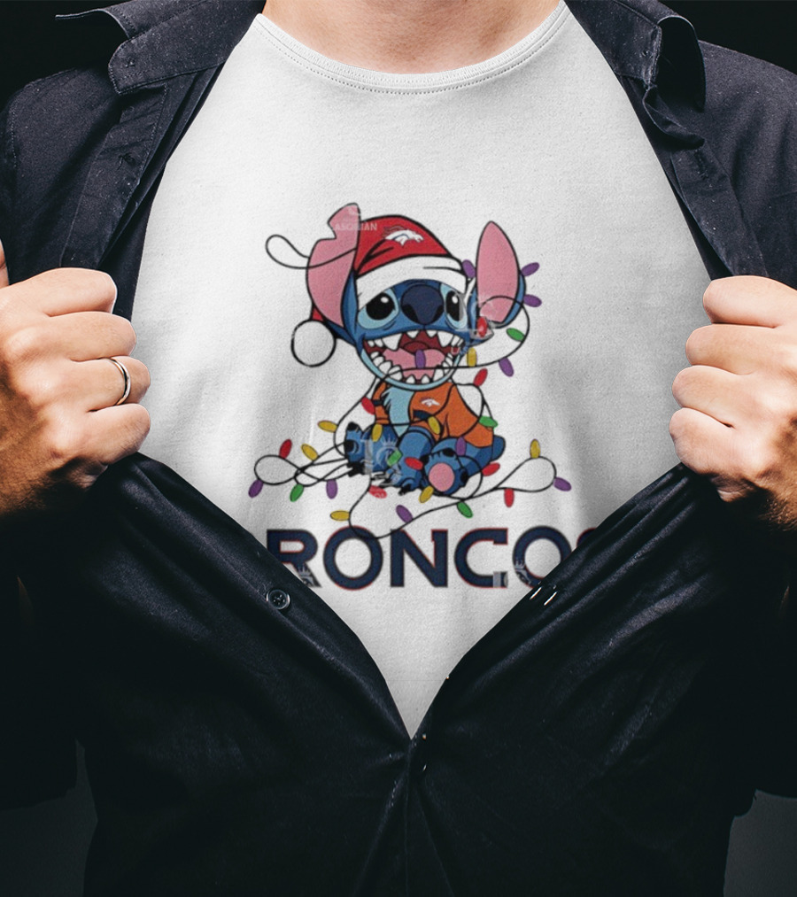 Denver Broncos Stitch Christmas Lights T-Shirt
