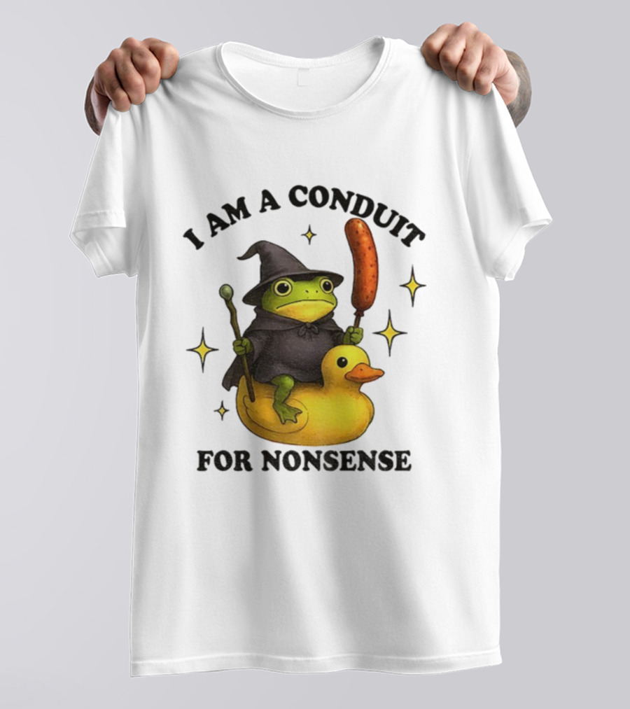 I Am A Conduit For Nonsense Frog On Rubber Duck With Wizard Hat And Sausage Wand T-Shirt
