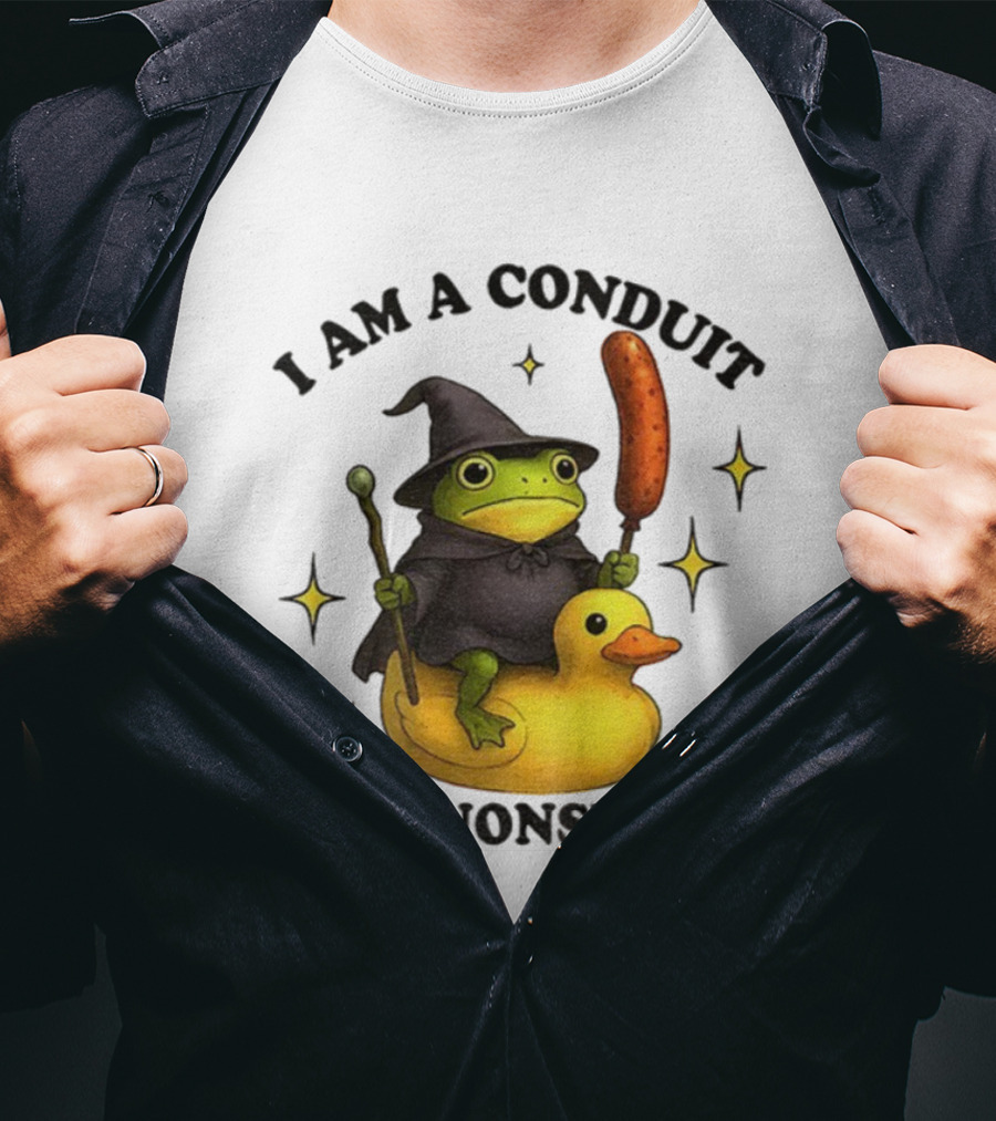 I Am A Conduit For Nonsense Frog On Rubber Duck With Wizard Hat And Sausage Wand T-Shirt