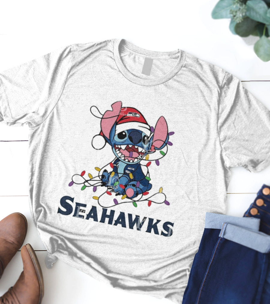 Seattle Seahawks Stitch Christmas Lights T-Shirt