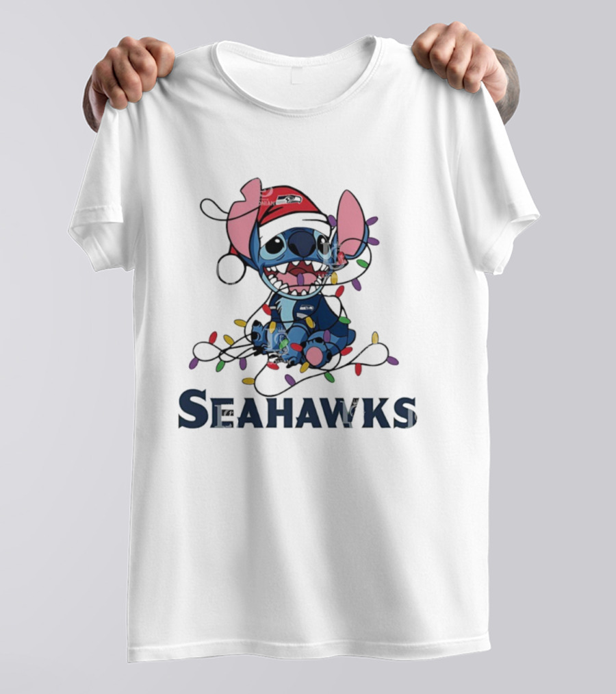 Seattle Seahawks Stitch Christmas Lights T-Shirt