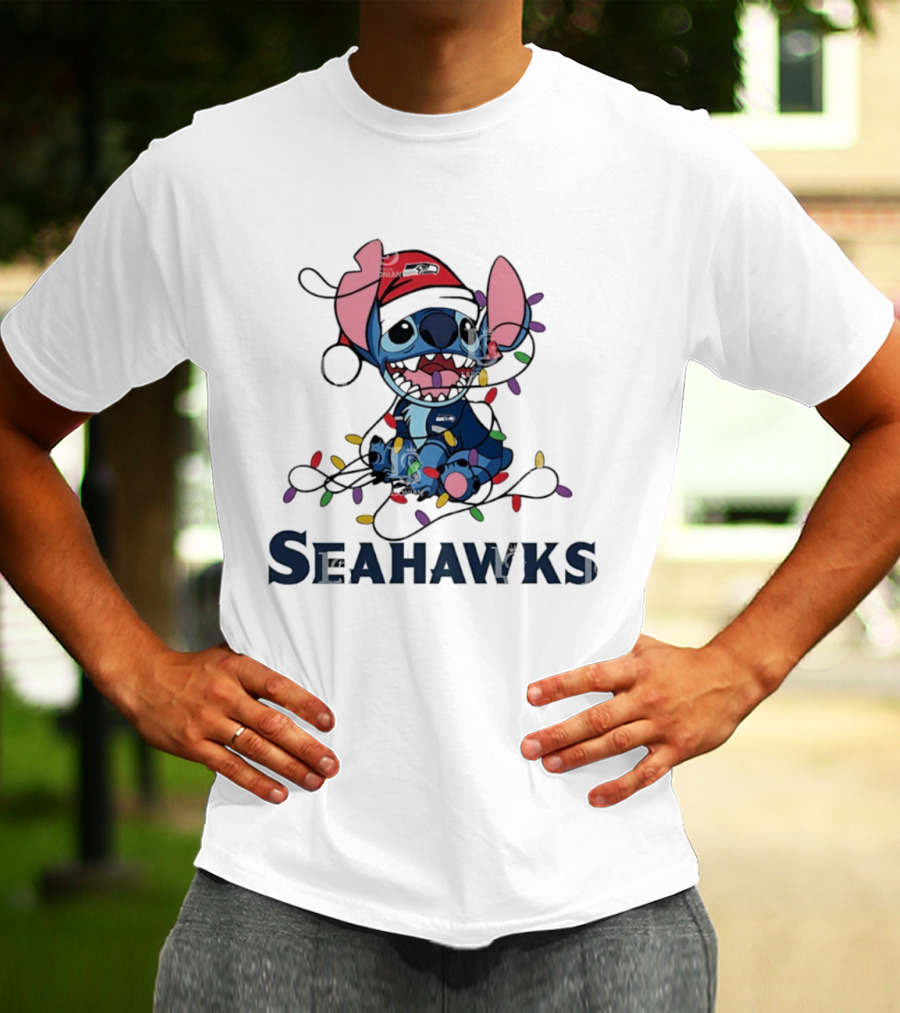Seattle Seahawks Stitch Christmas Lights T-Shirt