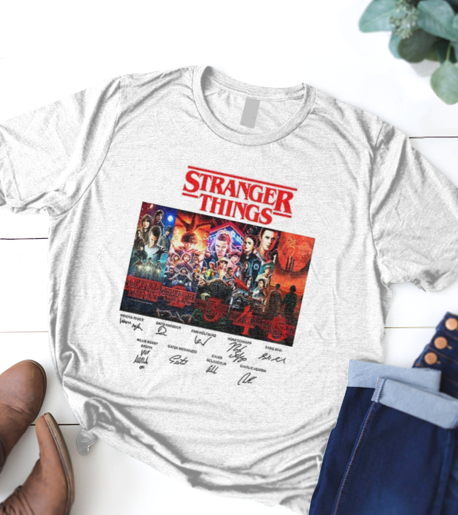 Stranger Things Seasons 1-5 Collage With Cast Signatures And Retro Logo T-Shirt