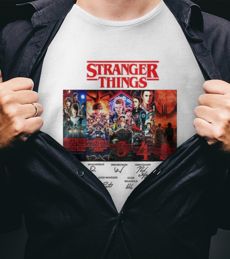 Stranger Things Seasons 1-5 Collage With Cast Signatures And Retro Logo T-Shirt