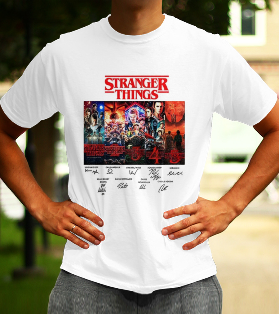 Stranger Things Seasons 1-5 Collage With Cast Signatures And Retro Logo T-Shirt