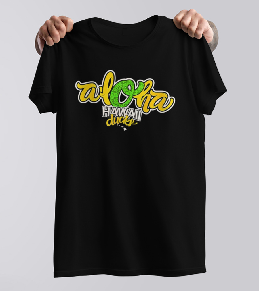 Aloha Hawaii Ducks Text On Green And Yellow T-Shirt