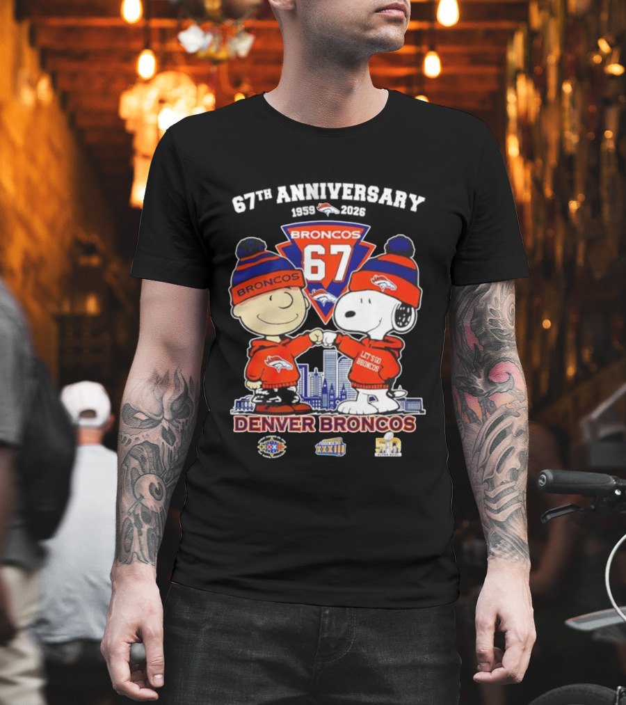 Charlie Brown Snoopy Denver Broncos 67th Anniversary 1959 To 2026 Fist Bump Let's Go Broncos T-Shirt