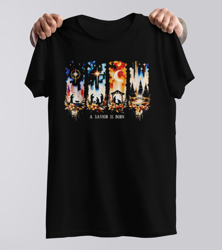 A Savior Is Born Nativity Christmas Scene With Stars And Manger T-Shirt