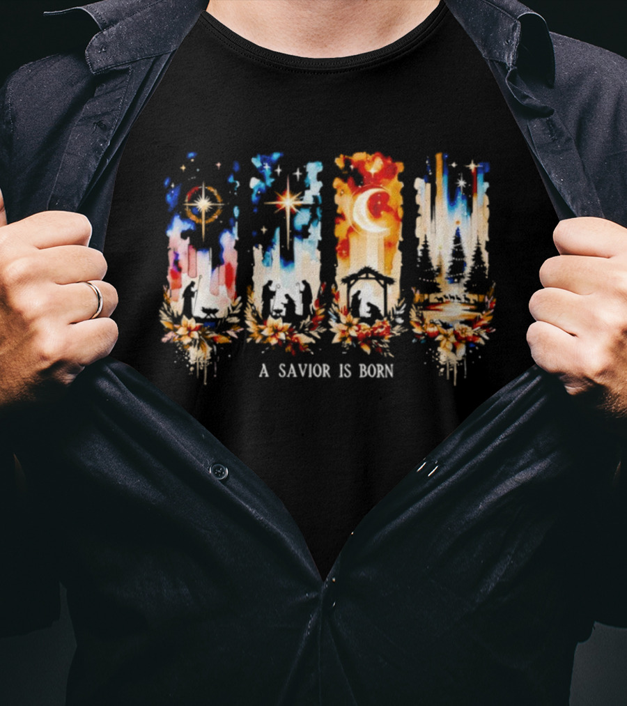 A Savior Is Born Nativity Christmas Scene With Stars And Manger T-Shirt