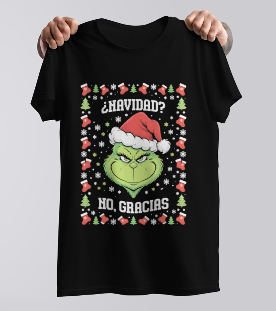 Grinch Navidad No Gracias Christmas Santa Hat T-Shirt