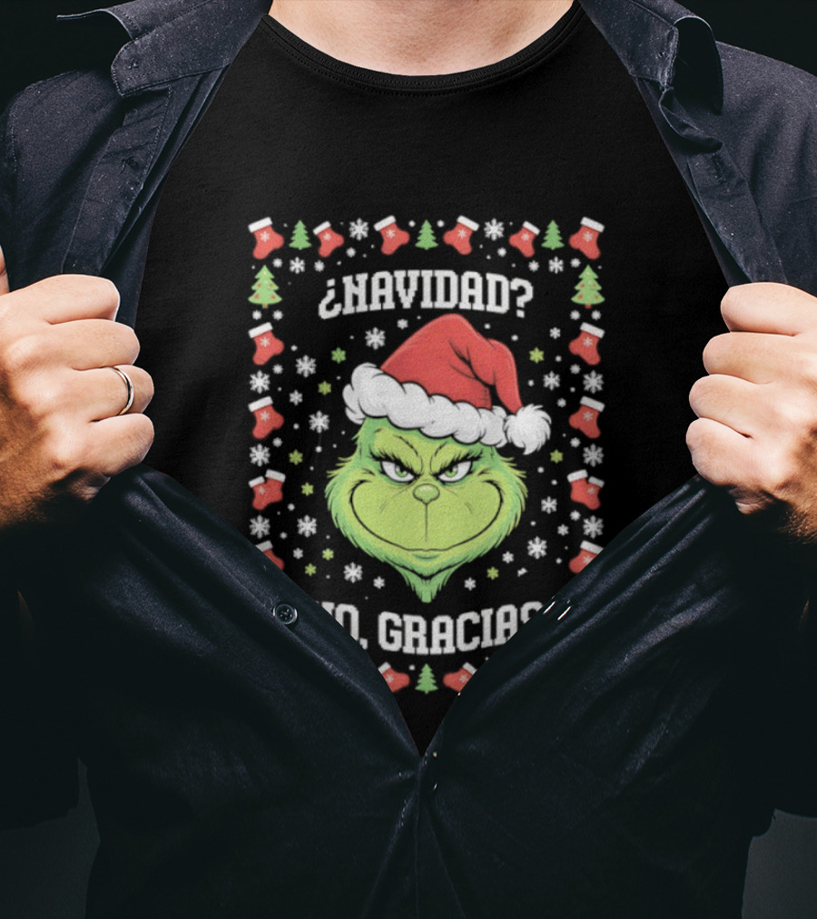 Grinch Navidad No Gracias Christmas Santa Hat T-Shirt