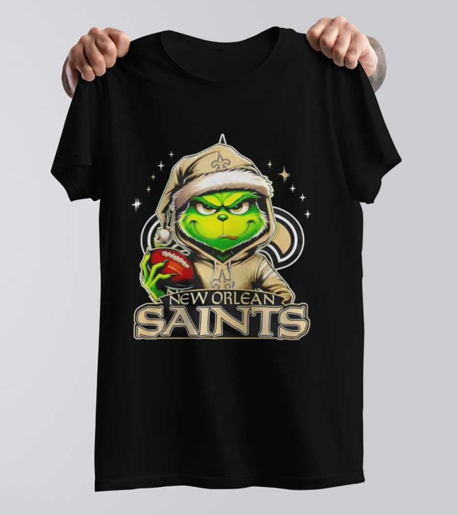 Grinch In Santa Hat With New Orleans Saints Football Christmas T-Shirt