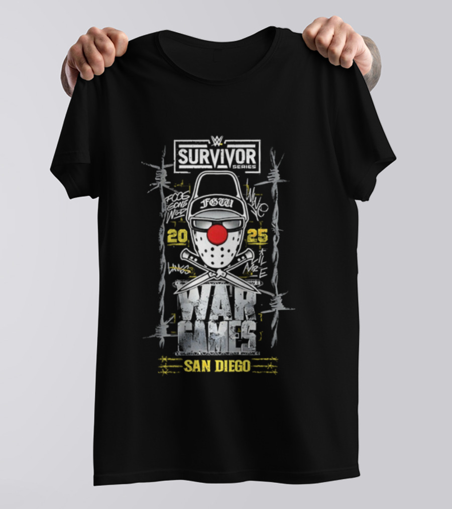 Survivor Series WarGames 2025 San Diego Event WWE Clown Mask Barbed Wire T-Shirt