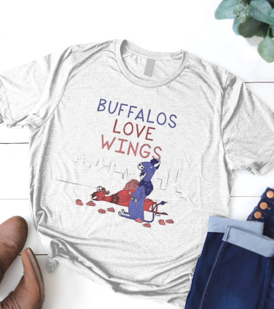 Buffalos Love Wings Cartoon Character Eating Chicken Wing Pile T-Shirt