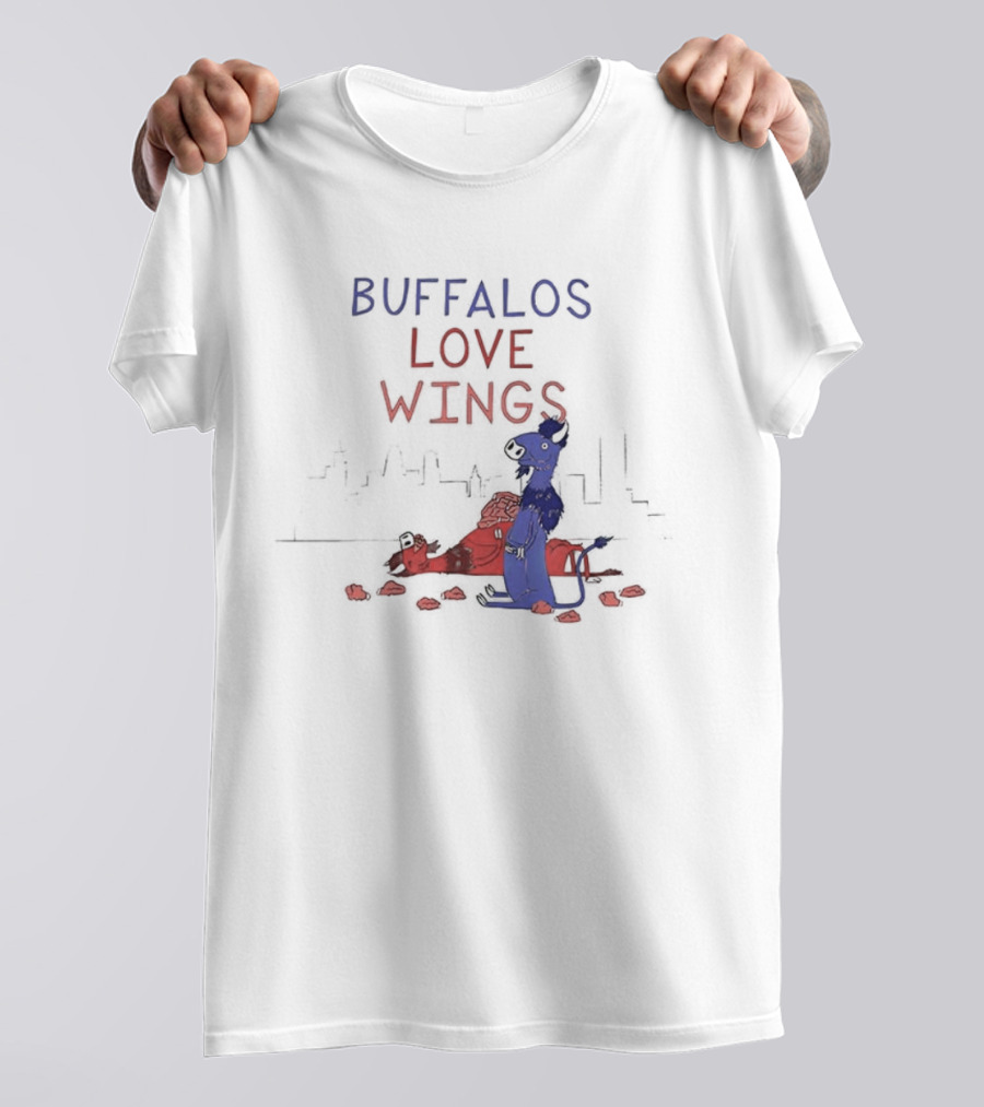 Buffalos Love Wings Cartoon Character Eating Chicken Wing Pile T-Shirt