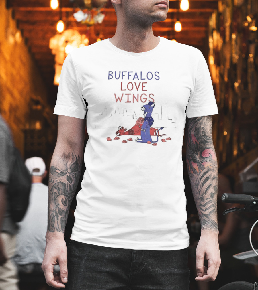 Buffalos Love Wings Cartoon Character Eating Chicken Wing Pile T-Shirt
