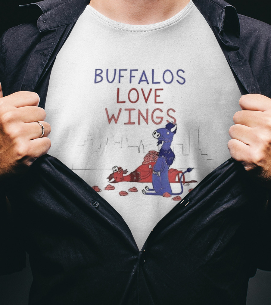 Buffalos Love Wings Cartoon Character Eating Chicken Wing Pile T-Shirt