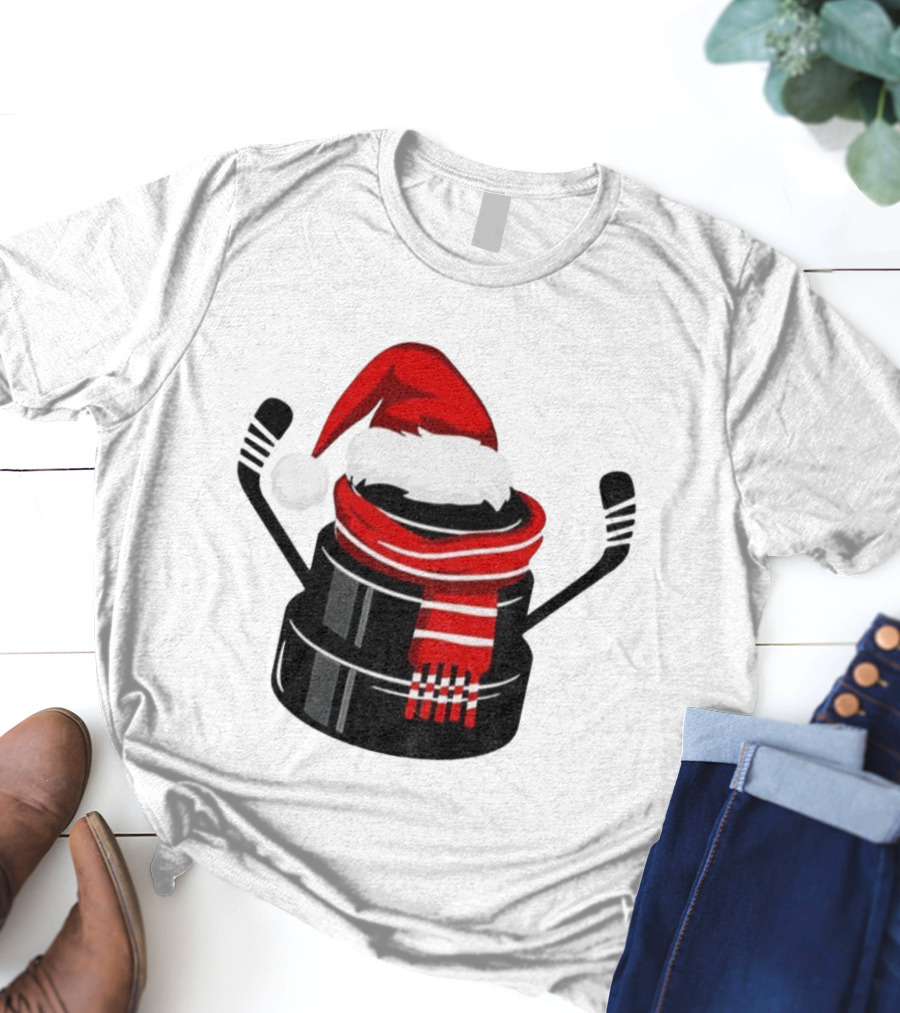Hockey Puck Santa Hat Merry Christmas Festive Holiday T-Shirt