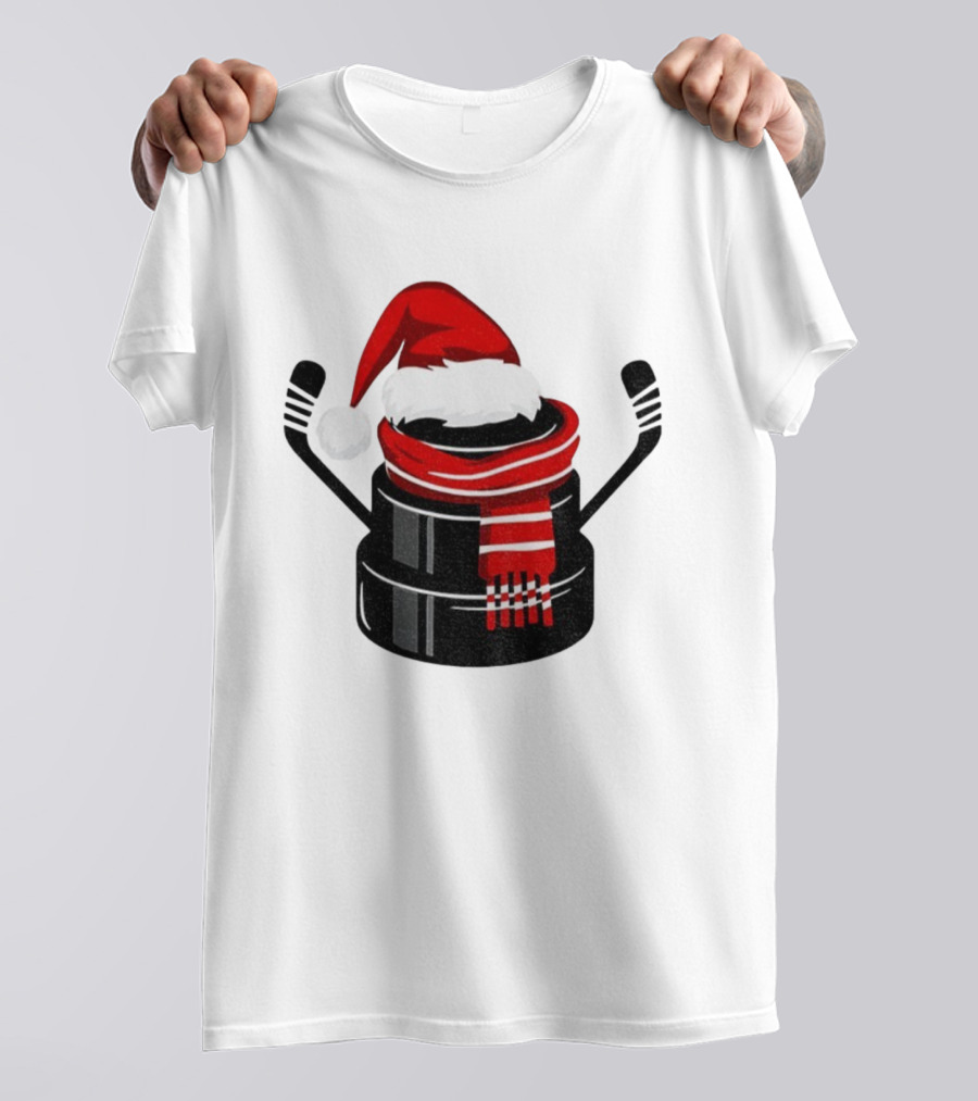 Hockey Puck Santa Hat Merry Christmas Festive Holiday T-Shirt